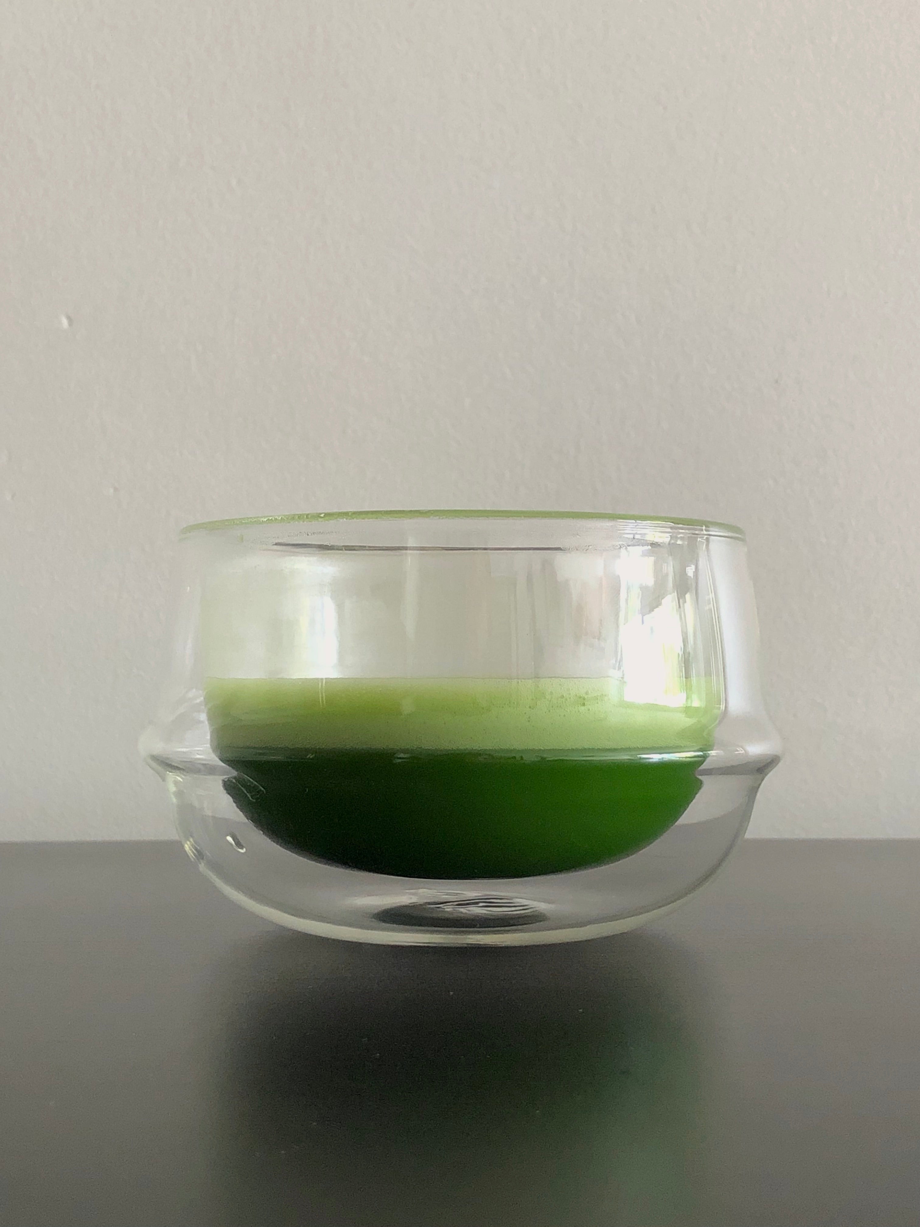 Saemidori ceremonial matcha green tea powder from Gokasho Uji Kyoto on double wall glass chawan sold by Sabo Tea Australia - Furukawa Seicha